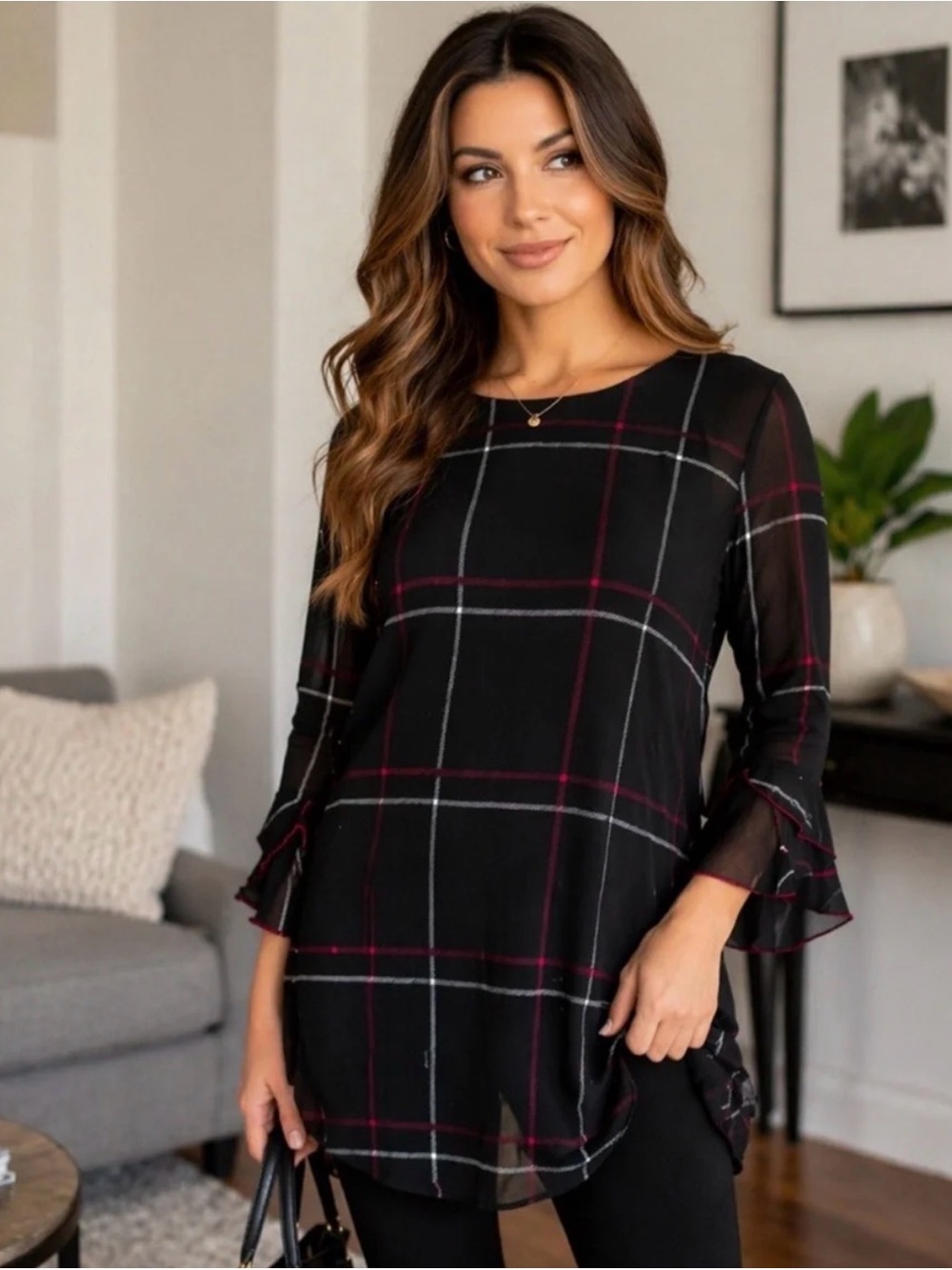 Alfani Tunic Top Blouse Black, Dark Pink and White Plaid Size Petite Large